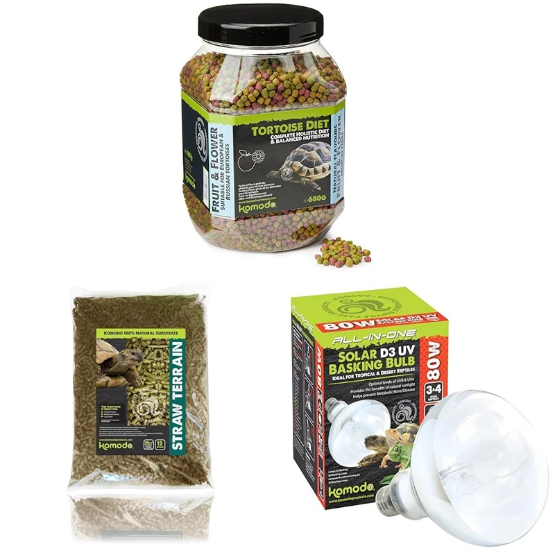 Komodo Tortoise Diet Fruit & Flower 680g + Straw Terrain 12L + Solar D3 UV Basking Bulb 80W | Balanced Food, Natural Bedding & Lighting for Reptiles