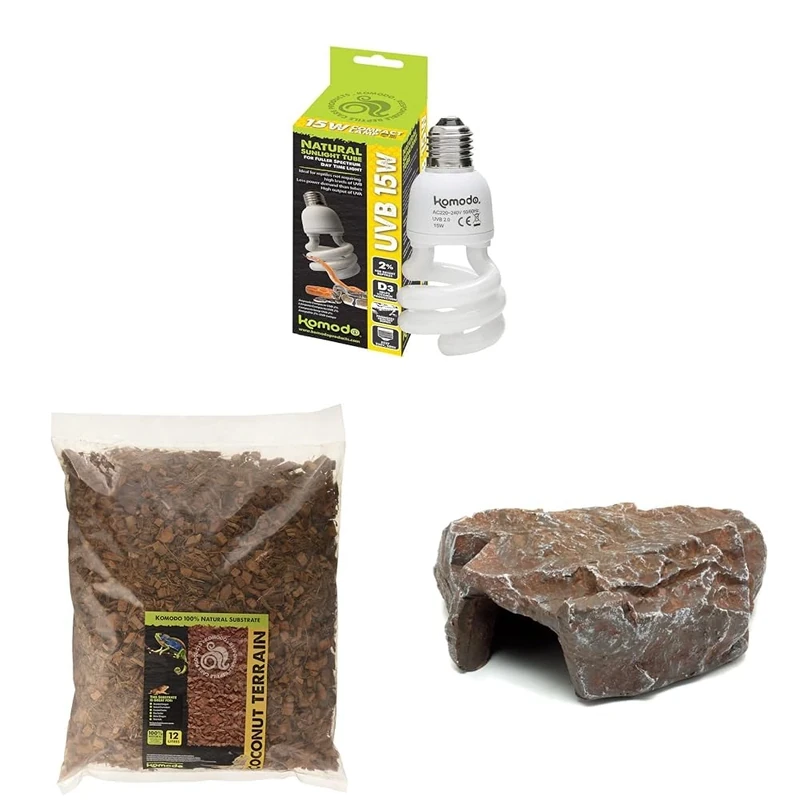 Komodo Crested Gecko Diet Tropical Fruit & Insect 60g + Coconut Terrain 12L + Brown Rock Den Large | Nutrition, Natural Substrate & Safe Hideout for Reptiles