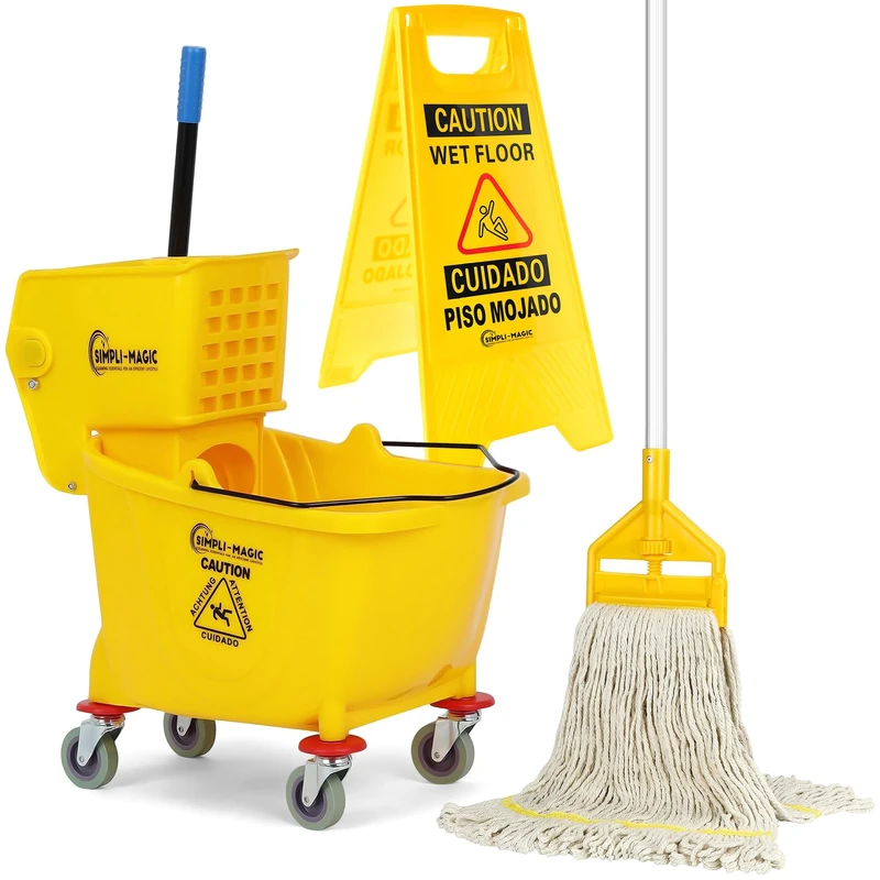 Simpli-Magic Side Press Wringer Combo Commercial Mop Bucket on Wheels, 35 Quart,Yellow, Including Wet Floor Caution Sign and Mop Set