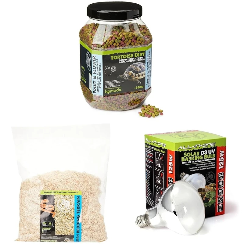 Komodo Tortoise Diet Fruit & Flower 680g + Aspen Bed Terrain 12L + Solar D3 UV Basking Bulb 125W | Balanced Food, Natural Bedding & UV Lighting for Reptile Habitats