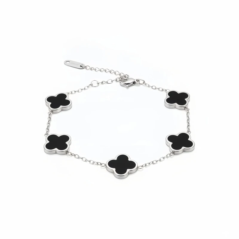 Dainty Four Leaf Clover Bracelet for Women - Stainless Steel Silver Chain with Black Charms - Elegant Everyday Jewelry