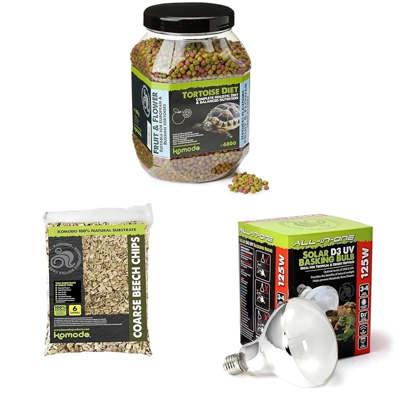 Komodo Tortoise Diet Fruit & Flower 680g + Beech Chips 6L + Solar D3 UV Basking Bulb 125W | Balanced Food, Natural Substrate & Reptile Lighting