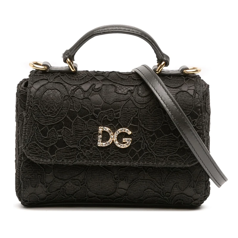Pre-Loved Silk And Lace Crystal Embellished DG Flap Satchel Handbag