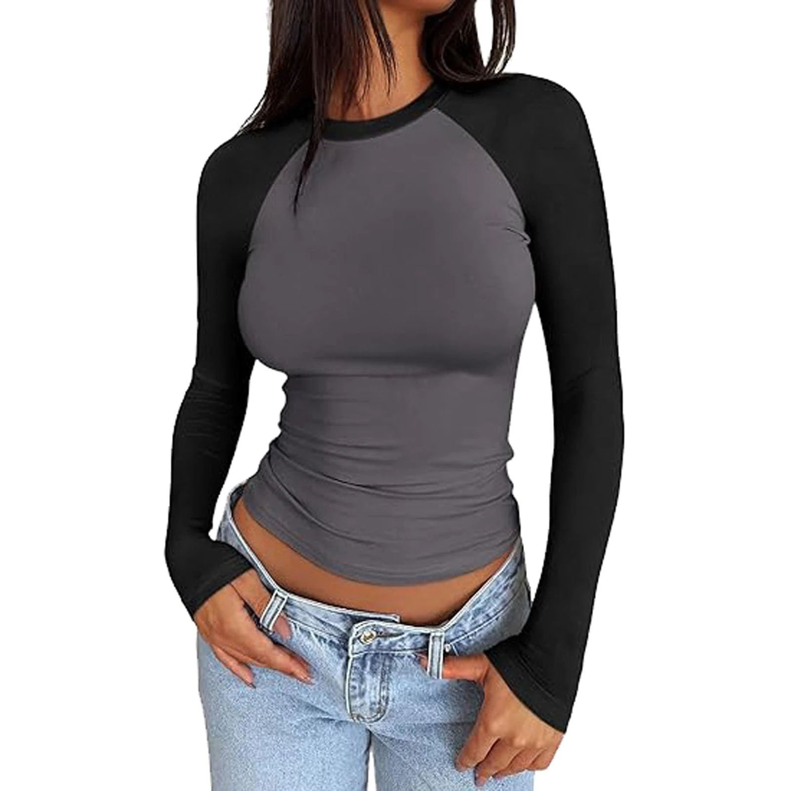 Skims Long Sleeve Top for Women UK Basic Tops Cotton Sexy Shirt Crew Neck Y2K Slim Fit Crop Tops Longsleeve Casual Going Out T Shirts Clothes Patchwork Tunic Blouse for Ladies Girls(Grey,L)