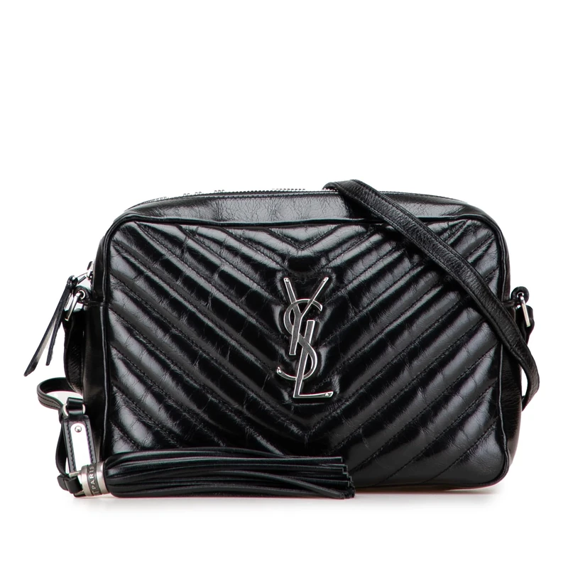 Yves Saint Laurent Pre-Loved Cracked Shiny Calfskin Matelasse Tassel Monogram Lou Camera Bag
