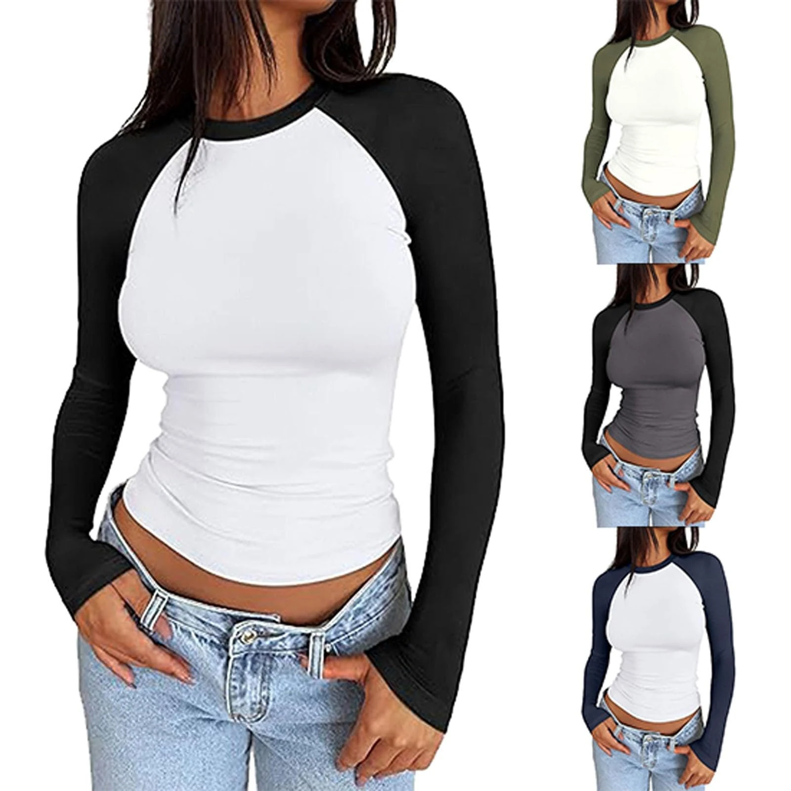 Skims Long Sleeve Top for Women UK Basic Tops Cotton Sexy Shirt Crew Neck Y2K Slim Fit Crop Tops Longsleeve Casual Going Out T Shirts Clothes Patchwork Tunic Blouse for Ladies Girls(Black,L)