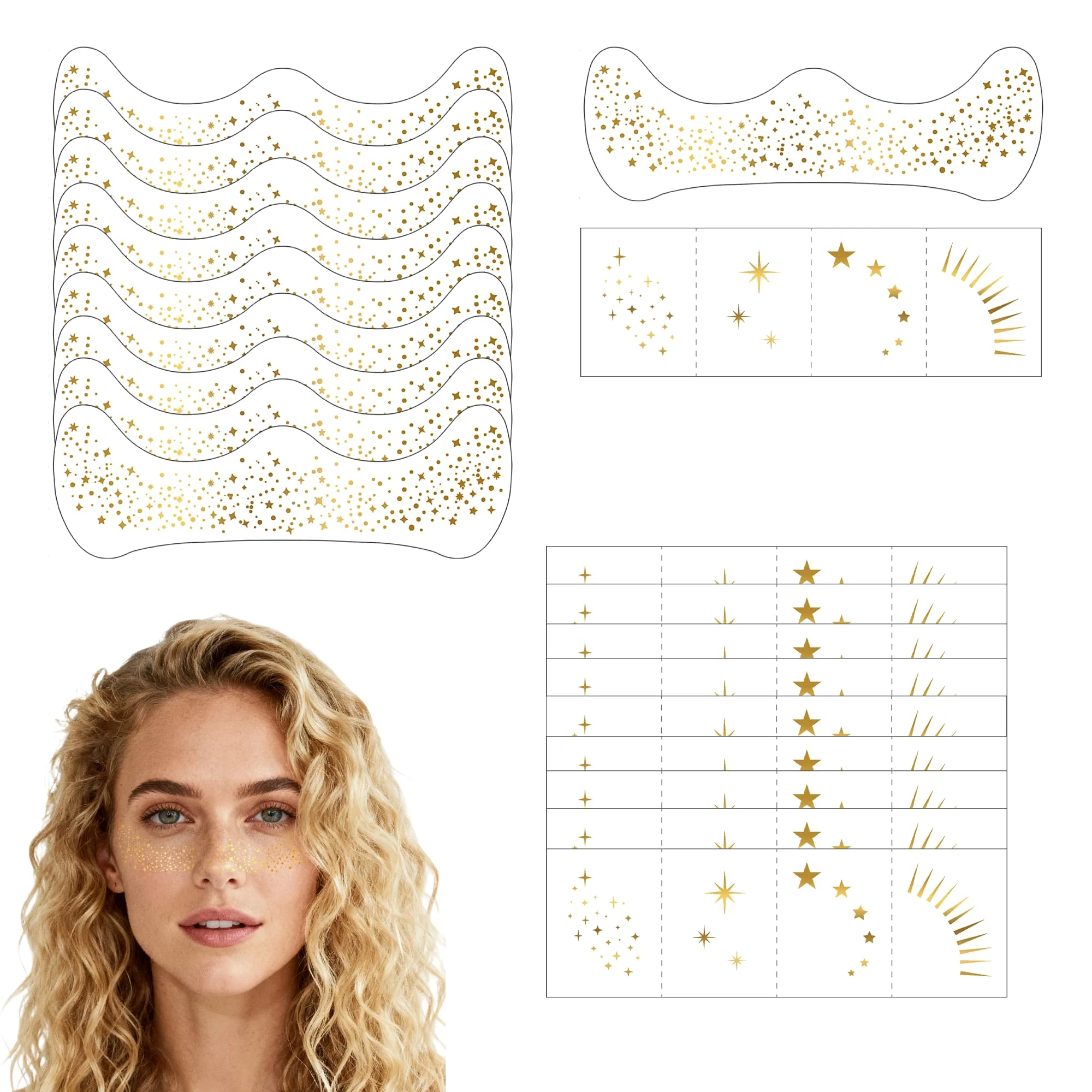 20 Pcs Glitter Freckles Face Tattoo Long Lasting Shine Gold Face Makeup Patches Sparkle Makeup Patches, Waterproof Face Glitter Freckles Patches for Women for Halloween Carnival and Parties Gold