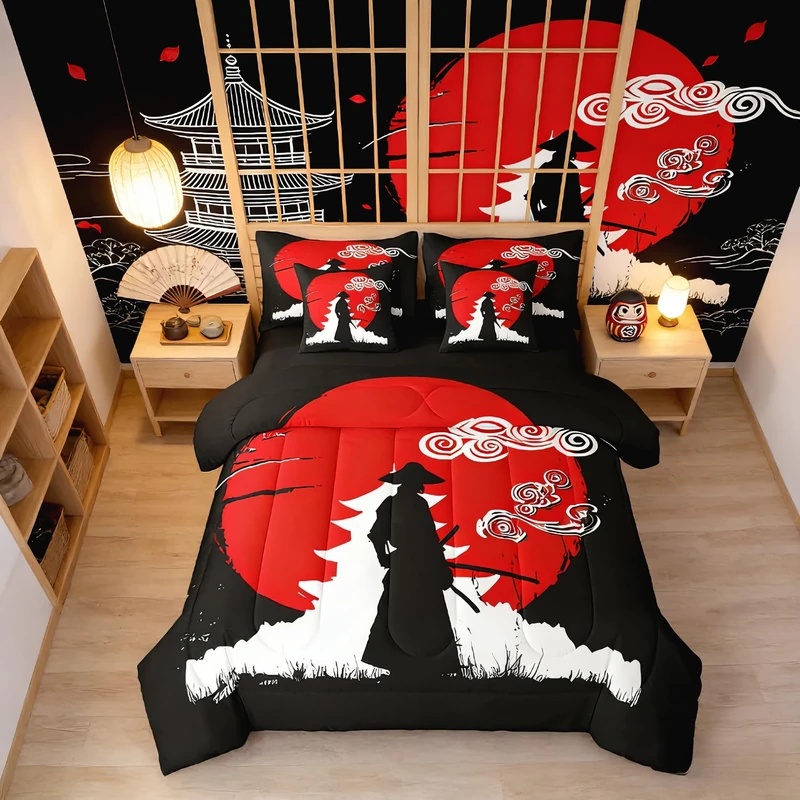 Erosebridal Samurai Comforter Set Sunset Print Bed in A Bag Queen Size 7 Pieces Japanese Ukiyoe Bed Set Room Decor Building Silhouette Bedding with Sheets
