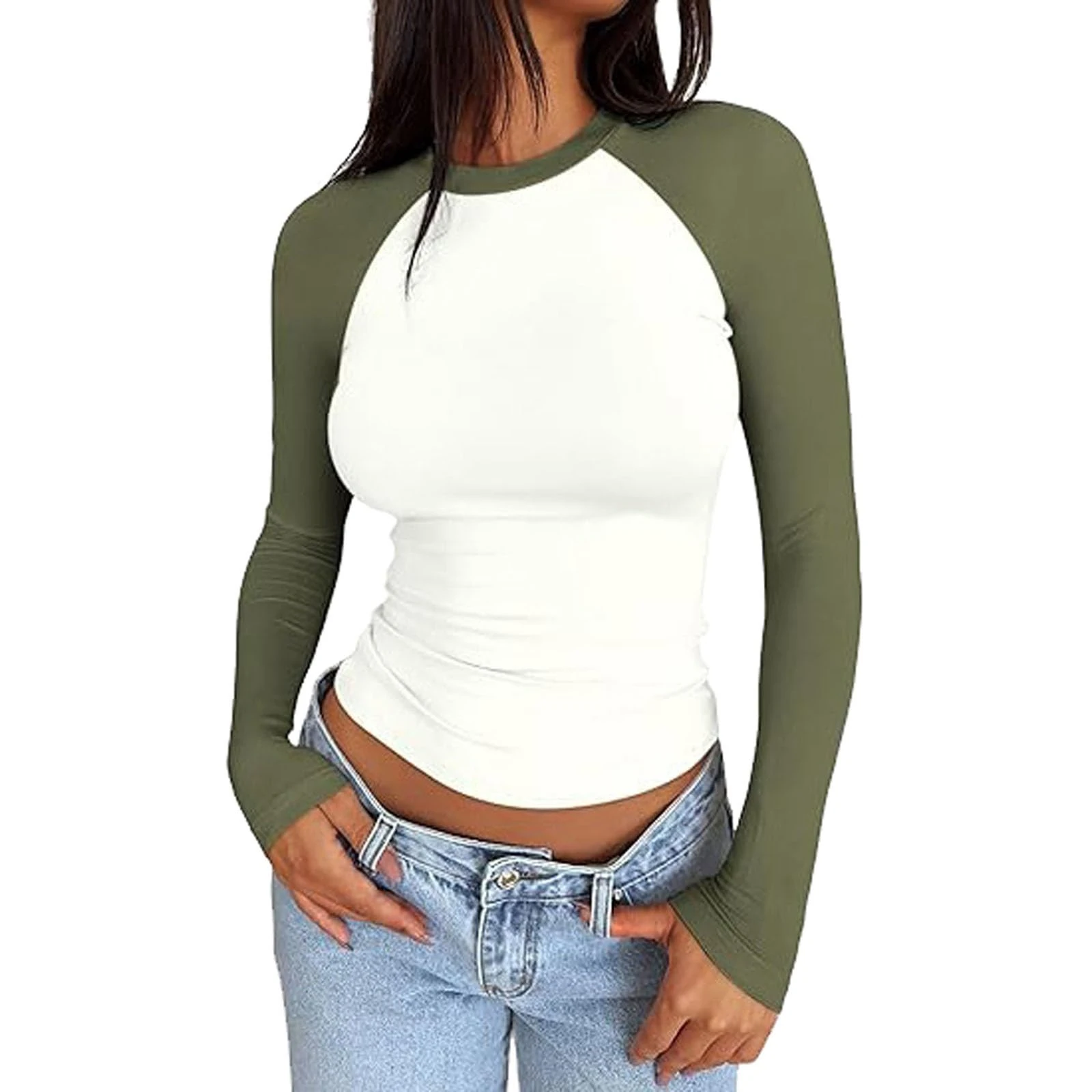 Skims Long Sleeve Top for Women UK Basic Tops Cotton Sexy Shirt Crew Neck Y2K Slim Fit Crop Tops Longsleeve Casual Going Out T Shirts Clothes Patchwork Tunic Blouse for Ladies Girls(Green,L)