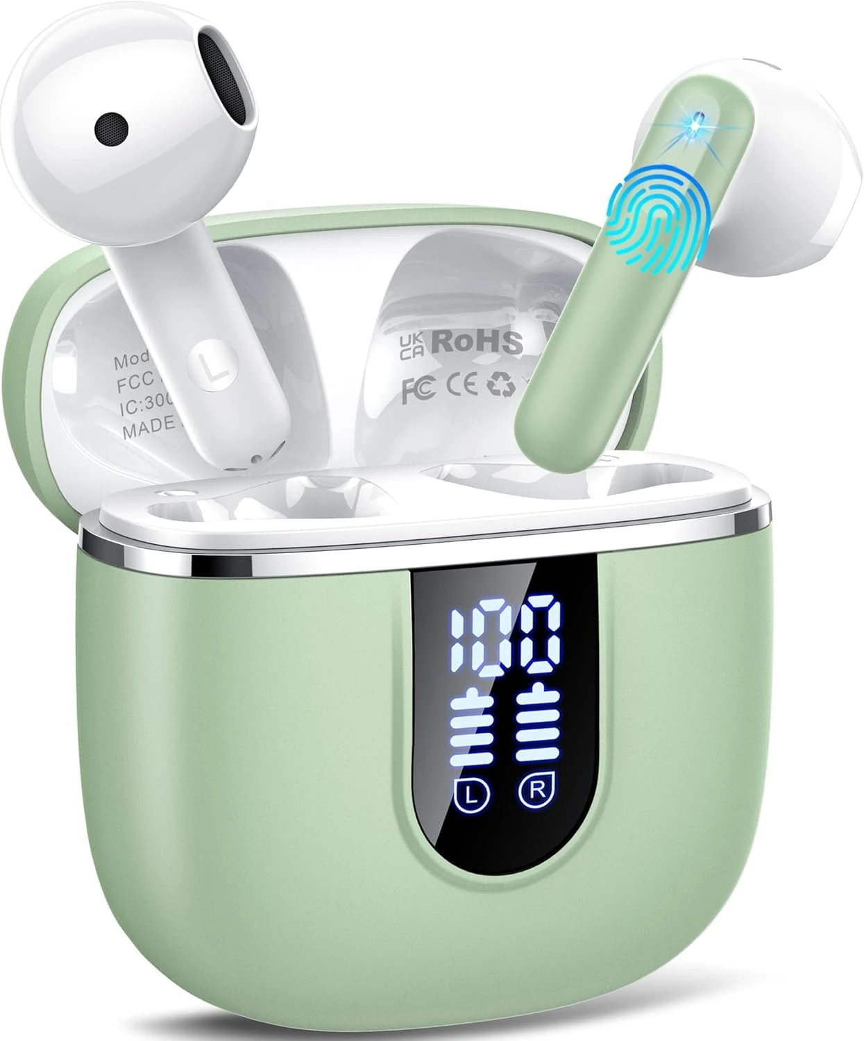 Wireless Earbuds, Bluetooth 5.4 Earphones In Ear with HiFi Stereo, Bluetooth Earbuds with 4 ENC Noise Cancelling Mic, 40H Long Playtime IP7 Waterproof Wireless Earphones Lightweight LED Display Green