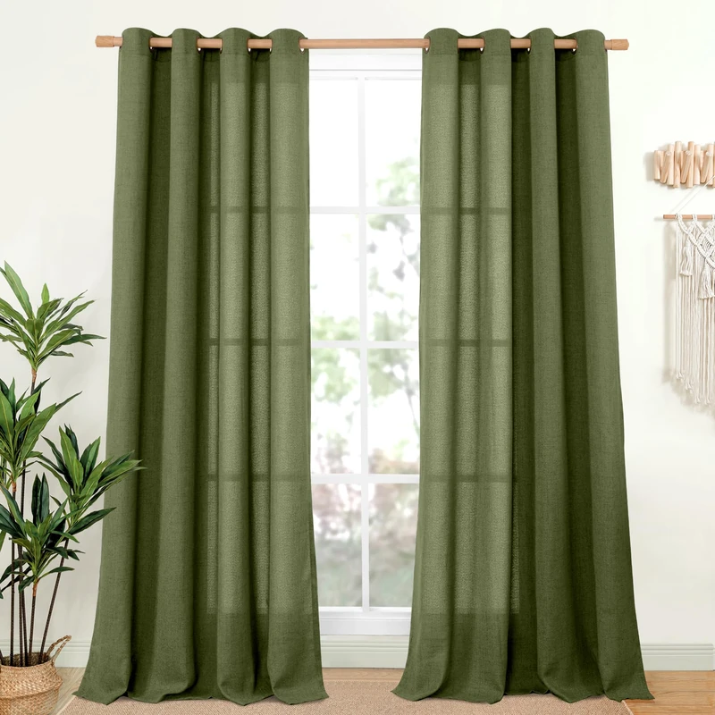 YoungsTex Extro Long Linen Curtains 108 Inch Length for Living Room, Semi Sheer Drapes Light Filtering with Bronze Grommet for Dining Bedroom Country, Olive Green, 2 Panels, 52 X 108 Inch