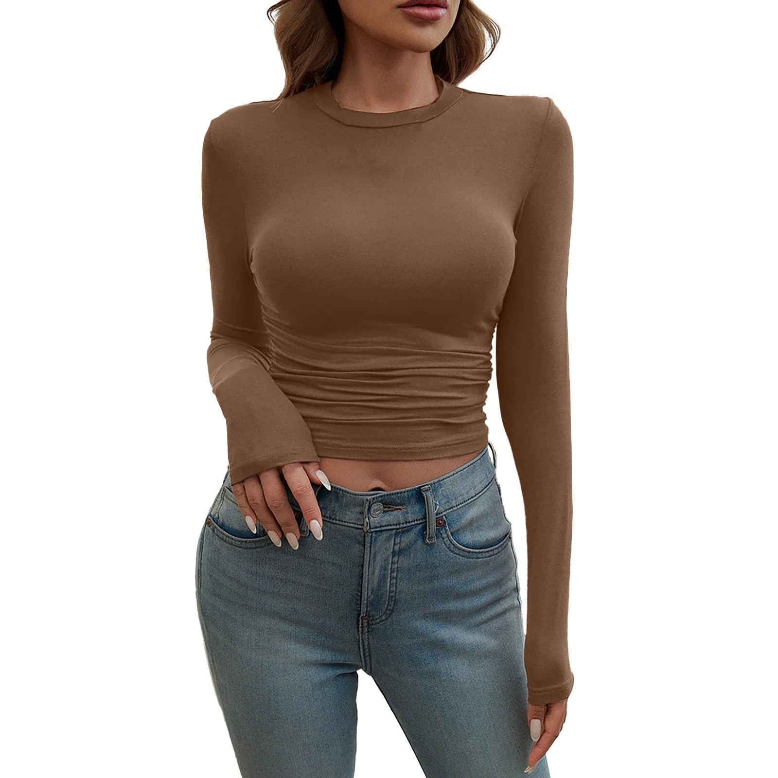 Long Sleeve Tops for Women UK Sexy Skims Y2k T Shirts Crop Top Cotton Basic Slim Fitted T-Shirt Cotton Casual Going Out Blouse Fashion Crewneck Solid Color Crew Neck Tunic Jumer(Coffee,L)