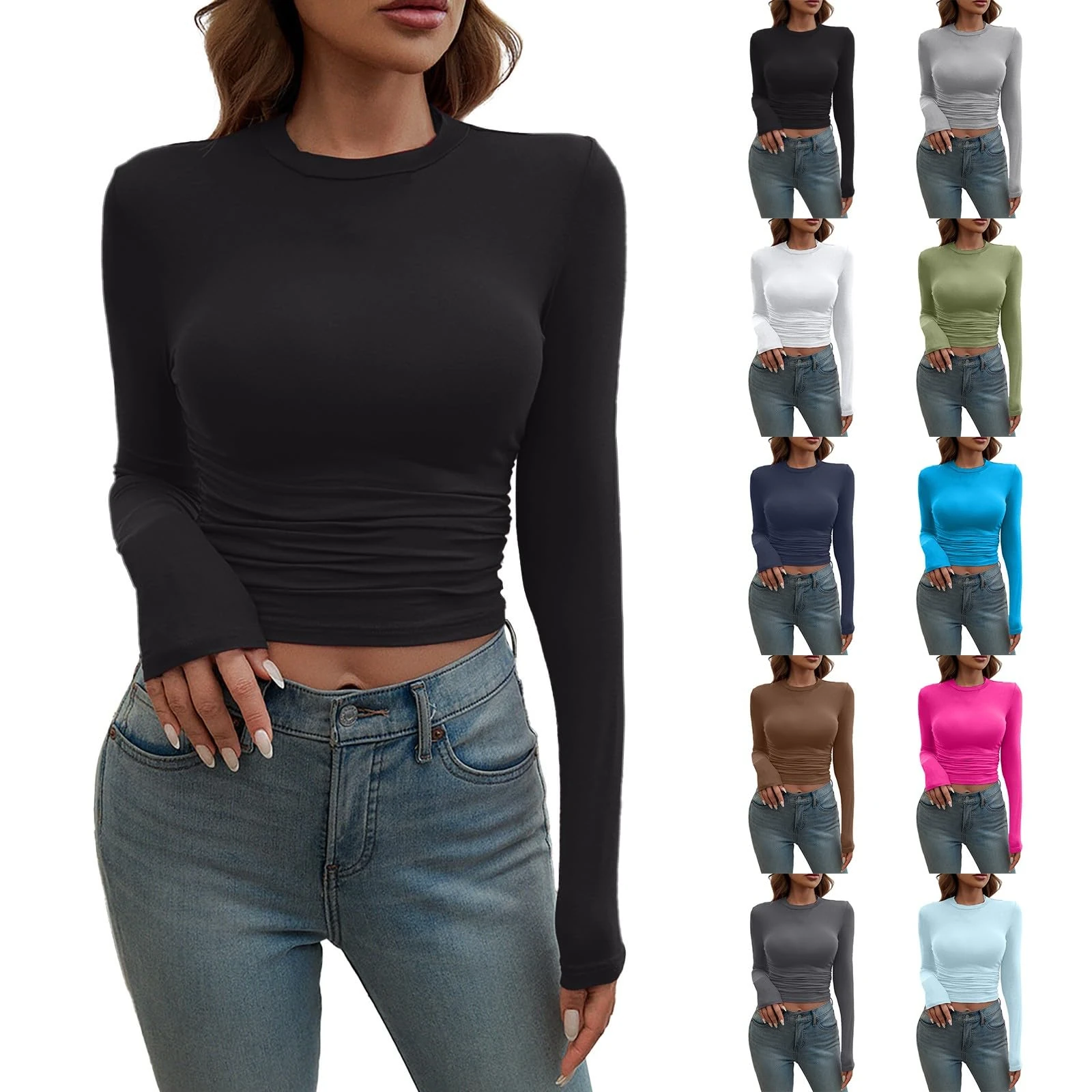 Long Sleeve Tops for Women UK Sexy Skims Y2k T Shirts Crop Top Cotton Basic Slim Fitted T-Shirt Cotton Casual Going Out Blouse Fashion Crewneck Solid Color Crew Neck Tunic Jumer(Black,L)