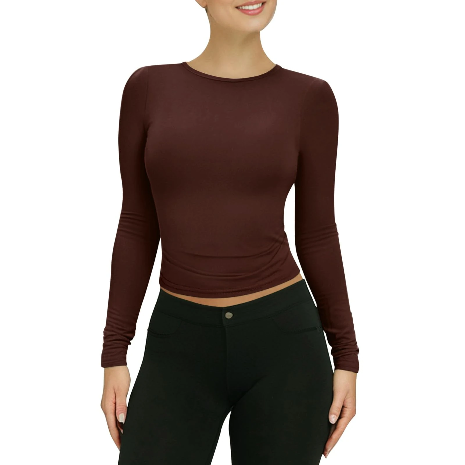 Long Sleeve Skims Top for Women UK Womens Going Out Tops Y2k Basic Crop Top Slim Fitted Cotton Casual Tunic Crew Neck T-Shirts Solid Color T Shirt Stretchy Blouse for Ladies Girls(Brown,M)