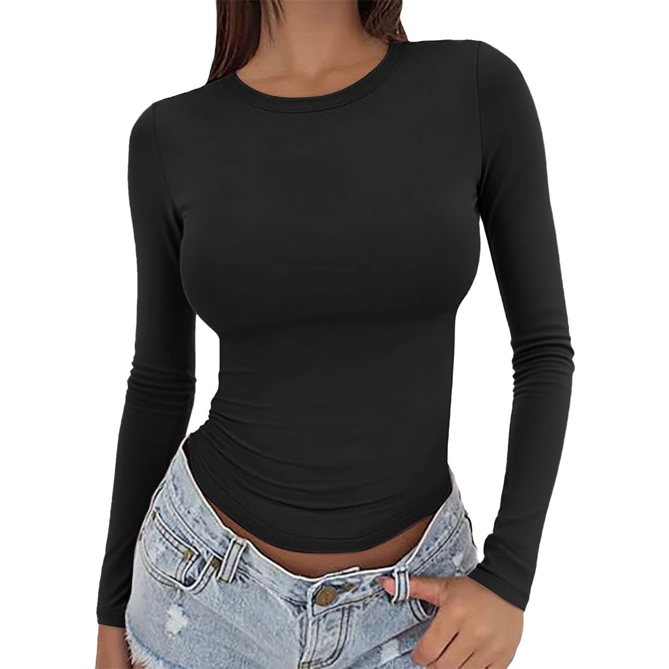 Crop Tops for Women UK Long Sleeve Basic Skims Y2k Top Crew Neck Softembrace Stretchy Tight T-Shirts Casual Going Out T Shirts Sexy Fall Slim Fit Cotton Tunic Underwear(Black,L)