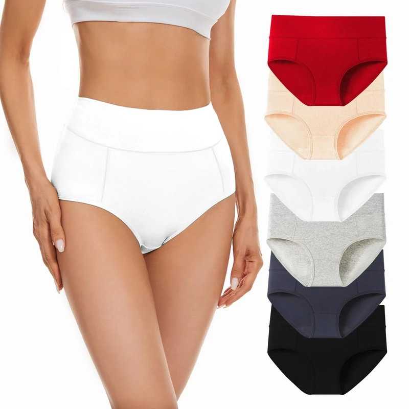 XBSCDA 6 Pack Ladies Cotton Briefs Women's Soft Mid-High Waisted Panties Breathable Full Coverage Underwears