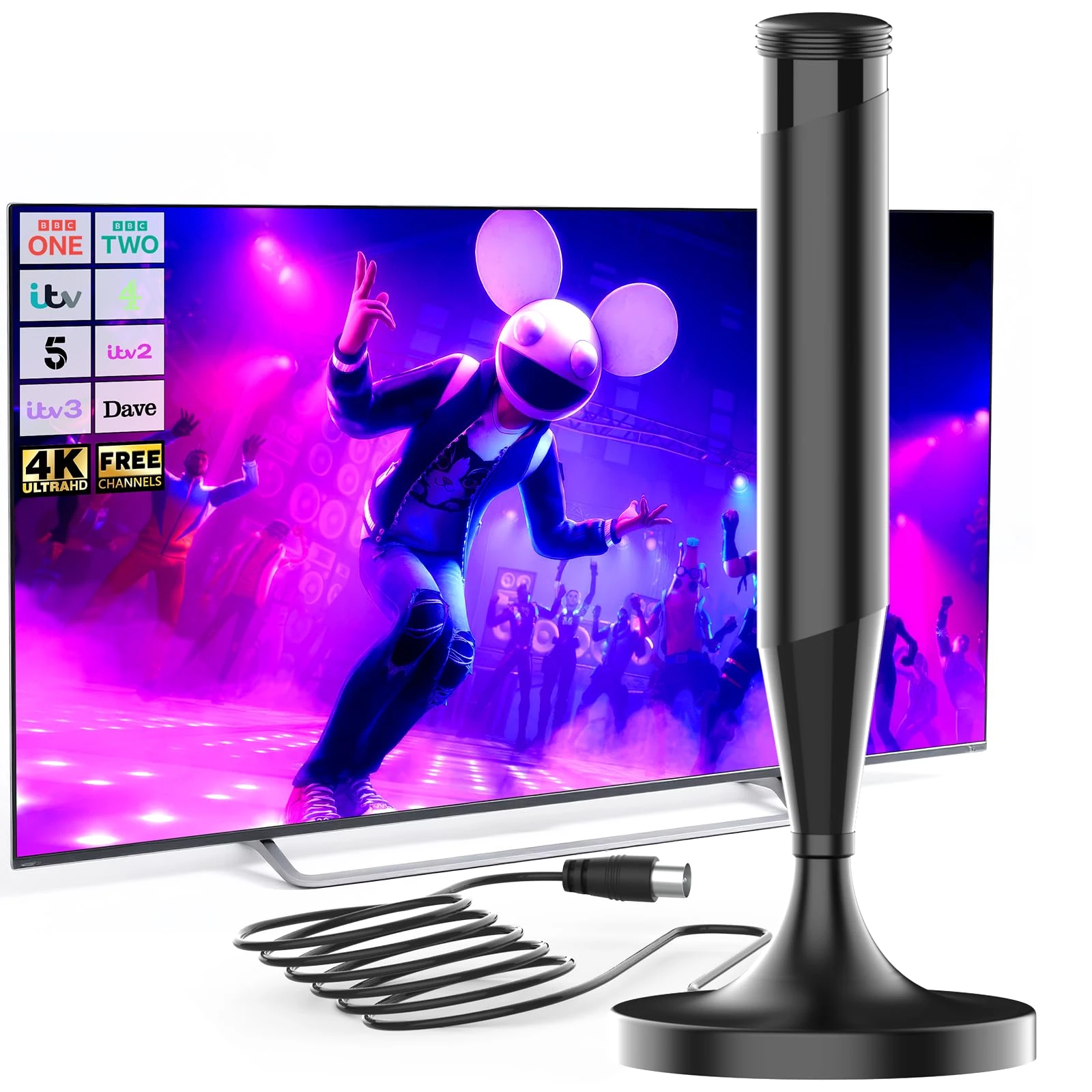 TV Aerial Indoor with Magnetic Base – 360° Reception Freeview Compatible Indoor Aerial for Smart TV – Supports 8K 4K 1080P HDTV – 5m Coaxial Cable