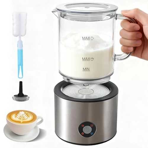 Electric Milk Frother 4 in 1, Milk Frother Induction 500 ml Cold Warm, Detachable Glass Visual Quiet Automatic Dishwasher Safe for Coffee and Latte