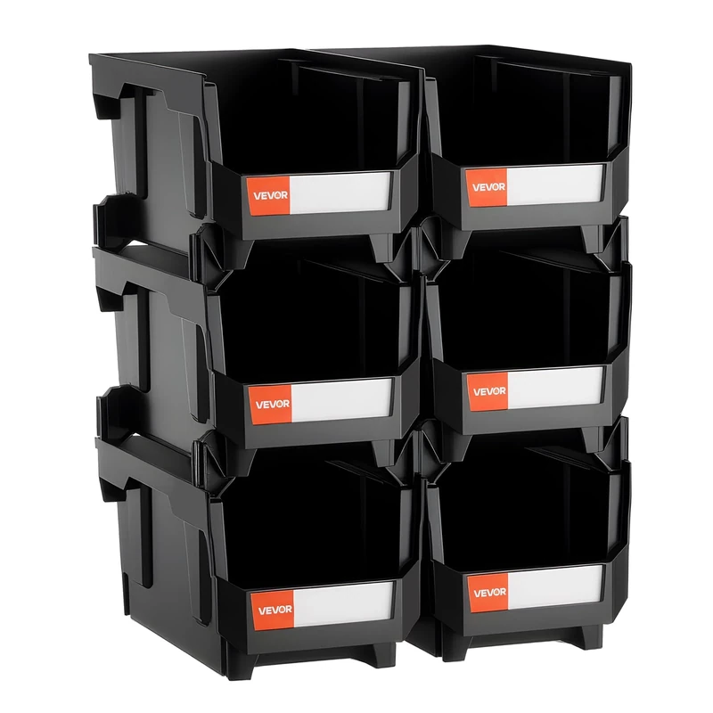 VEVOR Plastic Stackable Storage Bins, 14.8 x 8.5 x 7.1 inch (6 Pack), Plastic Containers for Organizing and Storage Bins for Closet, Garage, Small Parts, Office Supplies and Other Accessories, Black