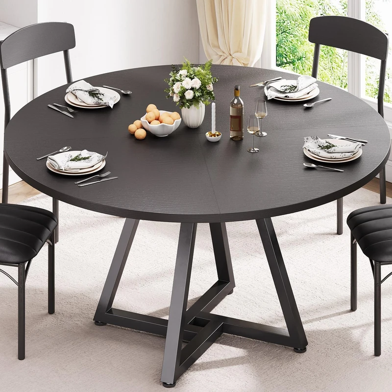Jocoevol Round Kitchen Dining Table for 2-4 People, Circle Dinner Table with Metal Frame, Space Saving Wood Industrial Furniture (Black, 42 inch