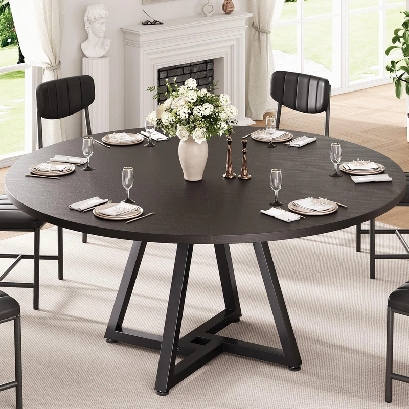 Jocoevol Round Kitchen Dining Table for 4-6 People, Circle Dinner Table with Metal Frame, Space Saving Wood Industrial Furniture (Black, 51 inch