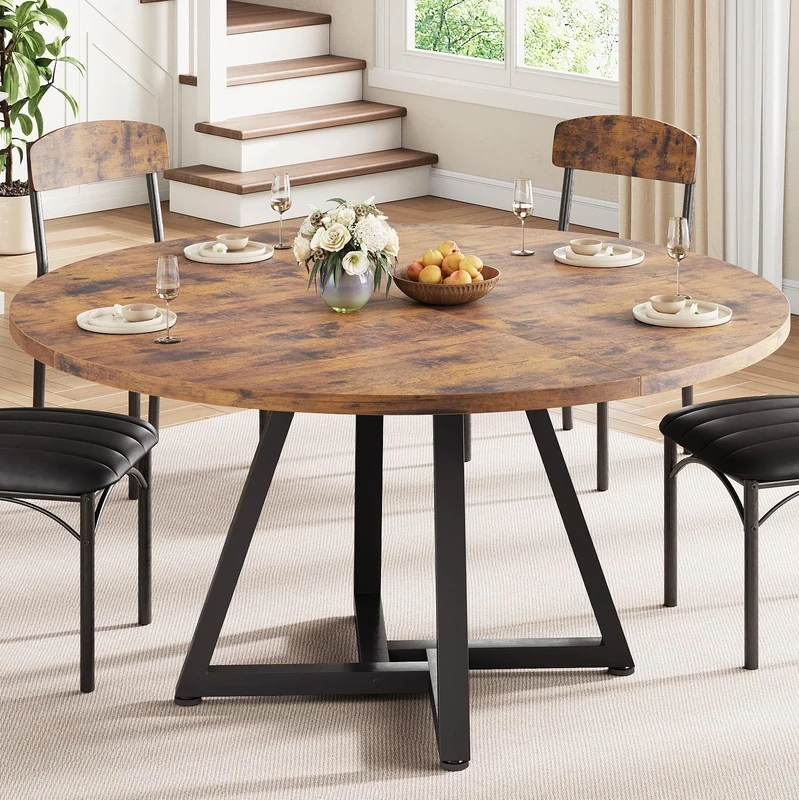 Jocoevol Round Kitchen Dining Table for 4 People, Circle Dinner Table with Metal Frame, Space Saving Wood Industrial Furniture (Vintage, 47 inch