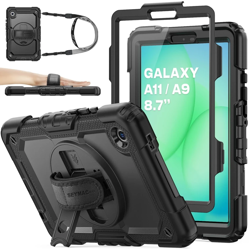 SEYMAC stock Case for Samsung Galaxy Tab A11/A9 8.7 Inch 2025/2023, Full Body Shockproof with Screen Protector, 360° Rotating Stand/Hand Strap for Samsung A11/A9 Tablet Case, Black