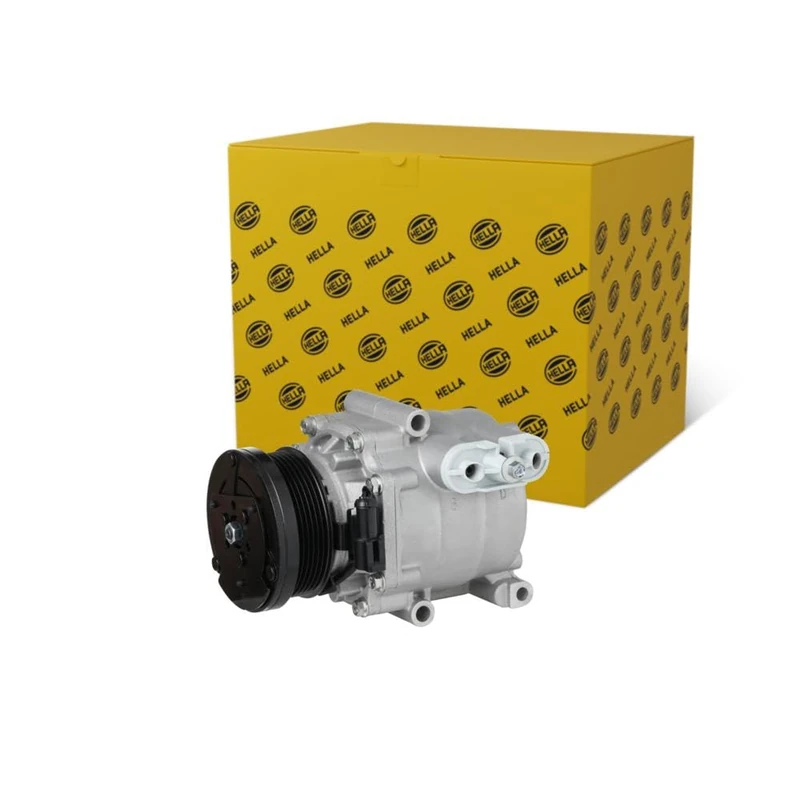 HELLA 8FK 366 201-281 Compressor, air conditioning - Scroll-90-12V - R 134a/R 1234yf - PAG 46 YF - 120ml - with magnetic clutch/with seal ring/with PAG compressor oil - Image 1