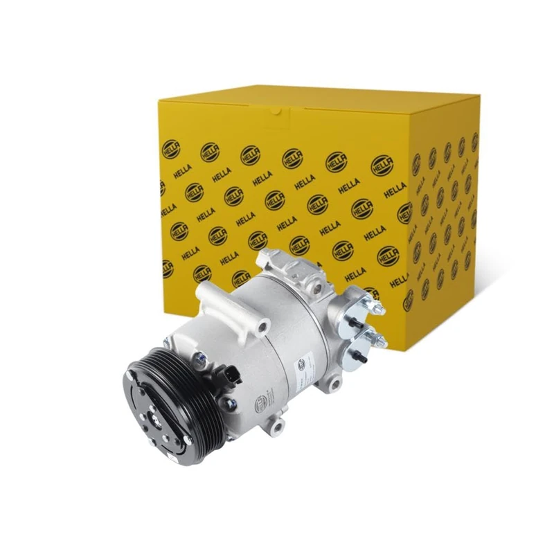 HELLA 8FK 366 200-351 Compressor, air conditioning - 7VS16ic - 12V - R 134a/R 1234yf - PAG 46 YF - 100ml - with magnetic clutch/with seal ring/with PAG compressor oil - Image 1