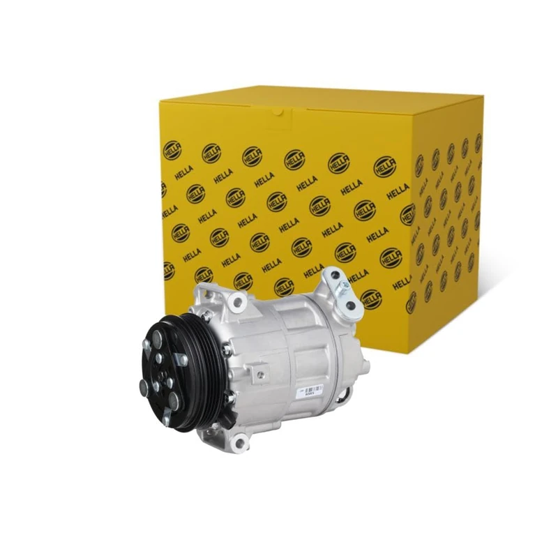 HELLA 8FK 366 201-651 Compressor, air conditioning - 7CVC - 12V - R 134a/R 1234yf - PAG 46 YF - 120ml - with magnetic clutch/with seal ring/with PAG compressor oil - Image 1