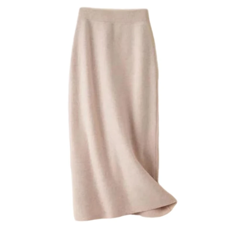 Women's Merino Wool Mini A-Line Knitted Skirt Spring Winter Elastic Waist Preppy Style Skirts Beige