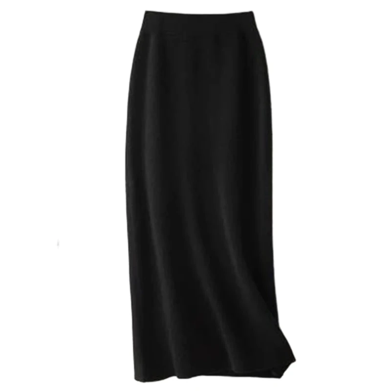 Women's Merino Wool Mini A-Line Knitted Skirt Spring Winter Elastic Waist Preppy Style Skirts Black
