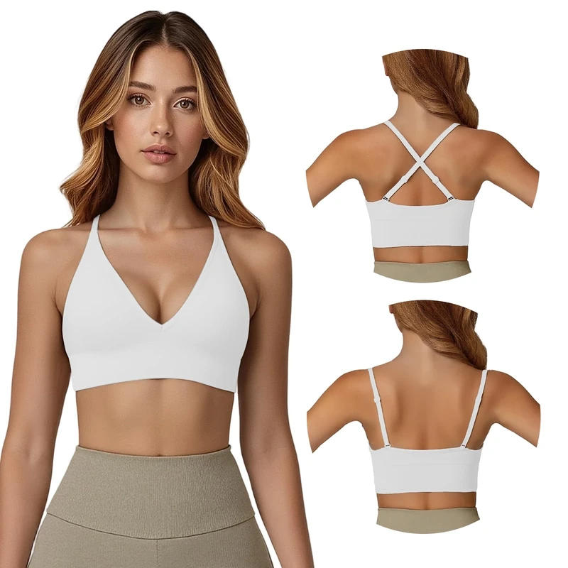 Fiohiros Deep V Sports Bras Women, Sports Bra with Adjustable Spaghetti Strap, Non Wired, Removable Pads, Stretchy Padded Sports Bra for Yoga, Running (UK, Alpha, L, Regular, Regular, White)