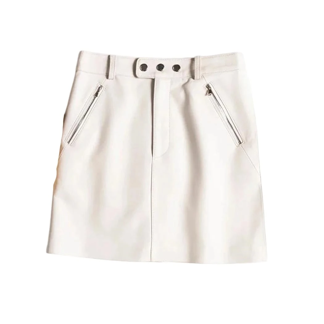 Dvbfufv Women's High Waist A-Line Sheepskin Leather Mini Skirt Solid Color Pocket Korean Fashion Skirts White
