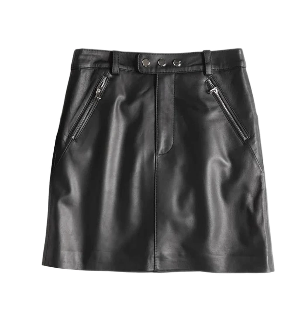 Dvbfufv Women's High Waist A-Line Sheepskin Leather Mini Skirt Solid Color Pocket Korean Fashion Skirts Black