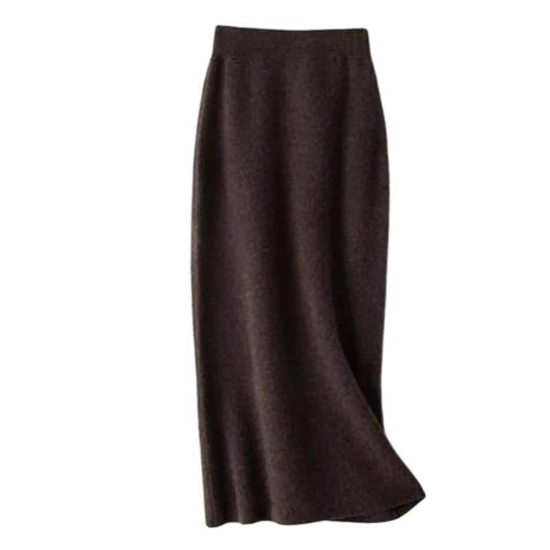 Women's Merino Wool Mini A-Line Knitted Skirt Spring Winter Elastic Waist Preppy Style Skirts Coffee
