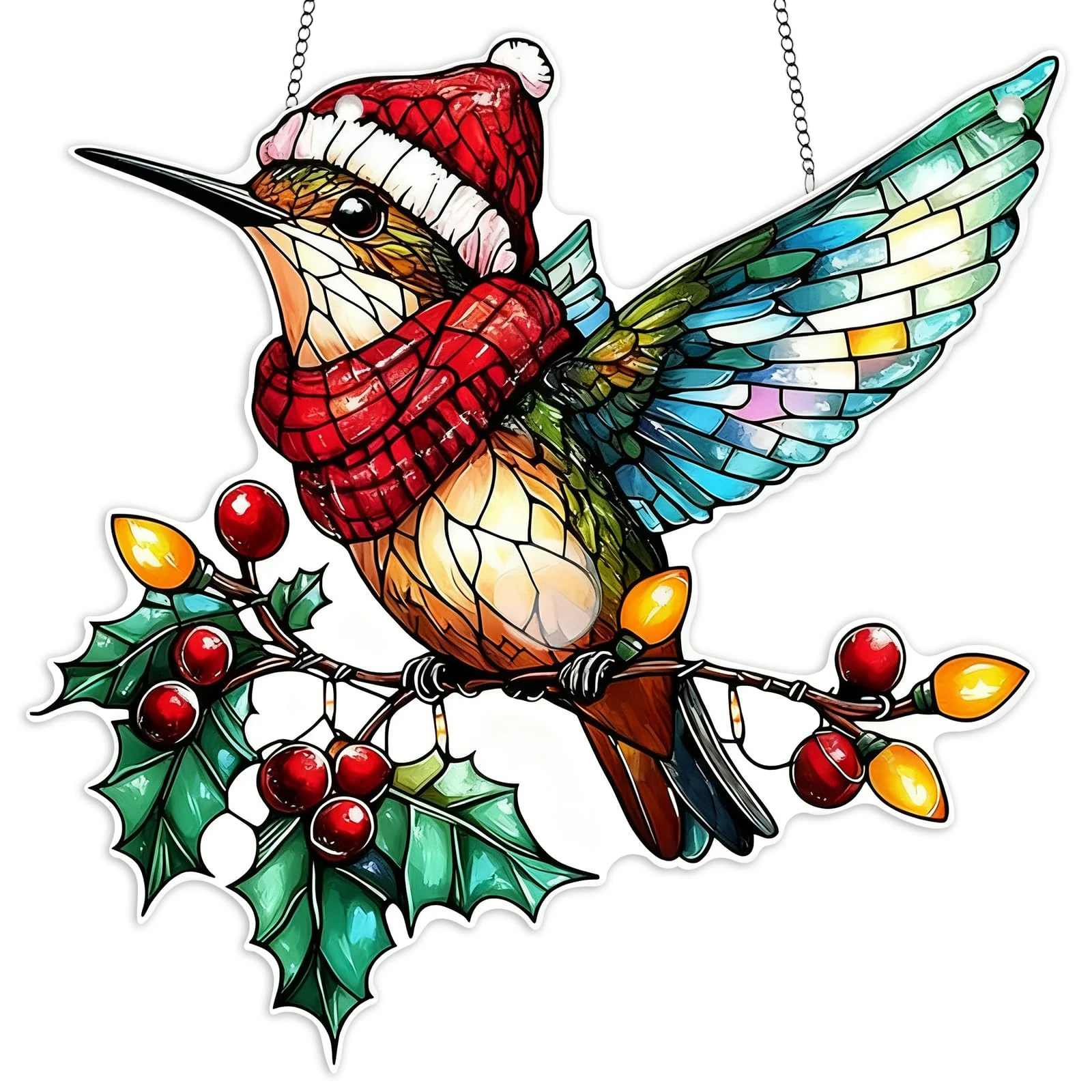 Christmas Robin Sun Catcher, Beautiful Garden Ornaments Outdoor, Acrylic Birds Handmade Stained Glass, Hanging Garden Sun Catcher Robins on Branch for Windows, Holiday Scene Decoration Gift (Style 2)