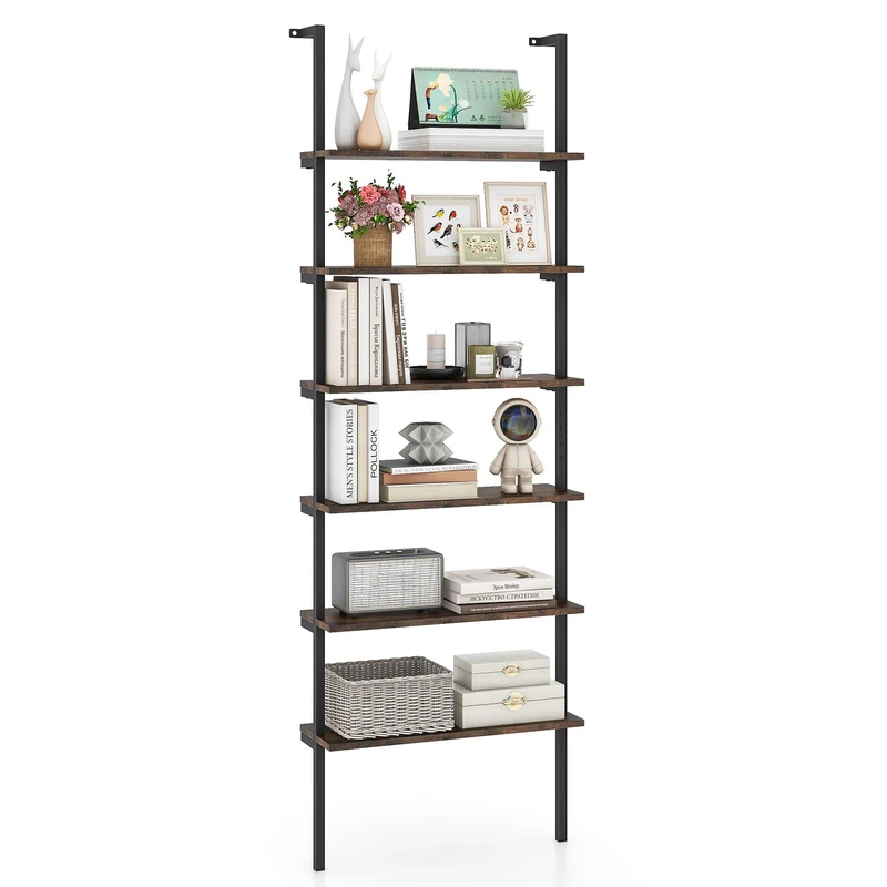 FANTASK 6-Tier Ladder Shelf, 60 x 20 x 183 cm, Industrial Bookcase with Metal Frame, Open Standing Shelf, Display Shelf for Living Room, Bedroom & Home Office (Brown)