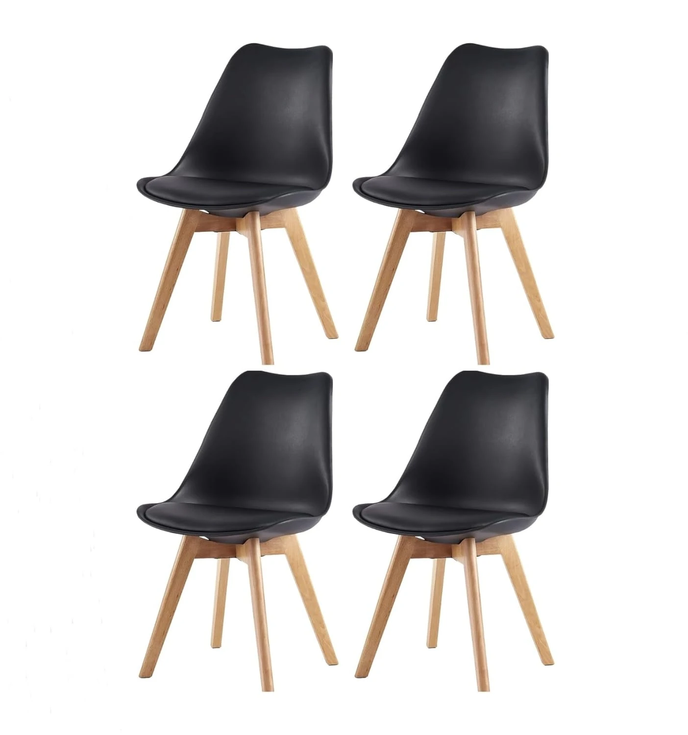 mcc direct Set of 4 Dining Chairs Wooden Legs Soft Cushion Pad Stylish DELUXE Retro Lounge Dining Office (Black) - EVA