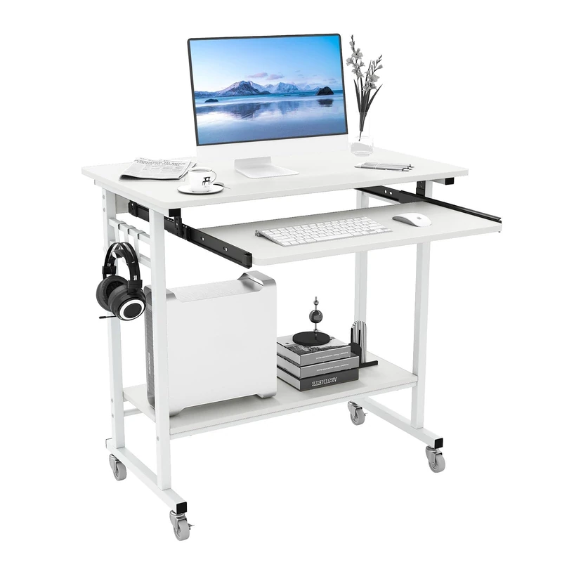 FANTASK Space Saving Desk, Computer Desk with Wheels, Keyboard Tray, Industrial PC Table with Bottom Shelf and Hooks, Laptop Table for Home Office (White)