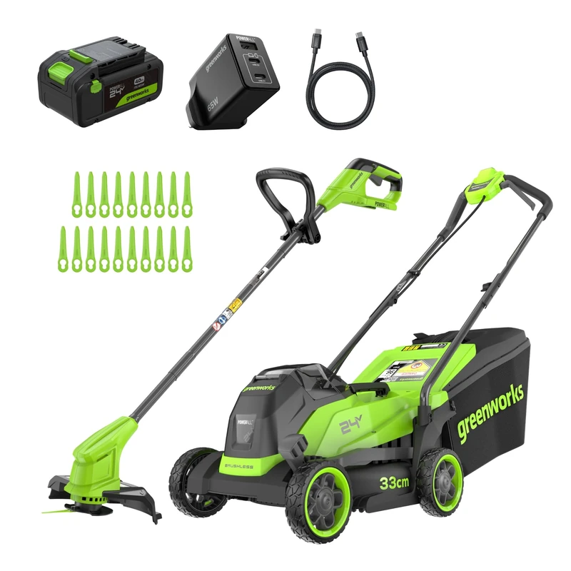 Greenworks 24V Lithium‑Ion Cordless Lawnmower 24V, 33cm Cutting Width, up to 280m², plus Cordless Grass Trimmer with Automatic Feed Head, includes 1 x 4Ah Battery & Charger – MTCK24B410‑01