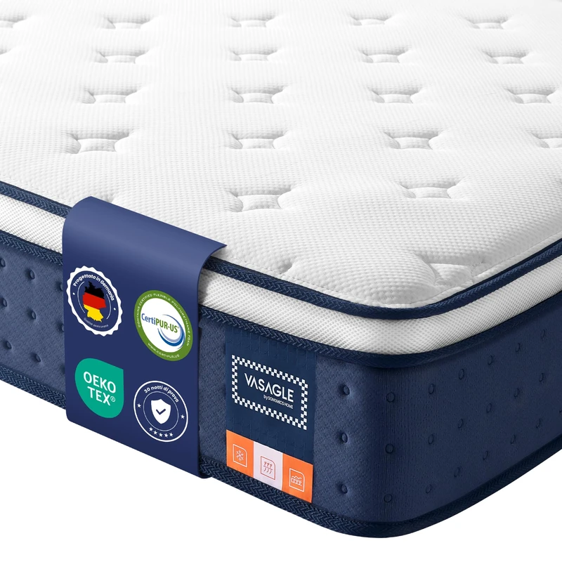 VASAGLE Mattress Double Bed 160 x 190 x 25 cm Hybrid Pocket Springs and Memory Foam Gel Medium Hardness 7 Zone Reinforced Edge Motion Insulation Breathable Blue RMZ229QZ02 - Image 1