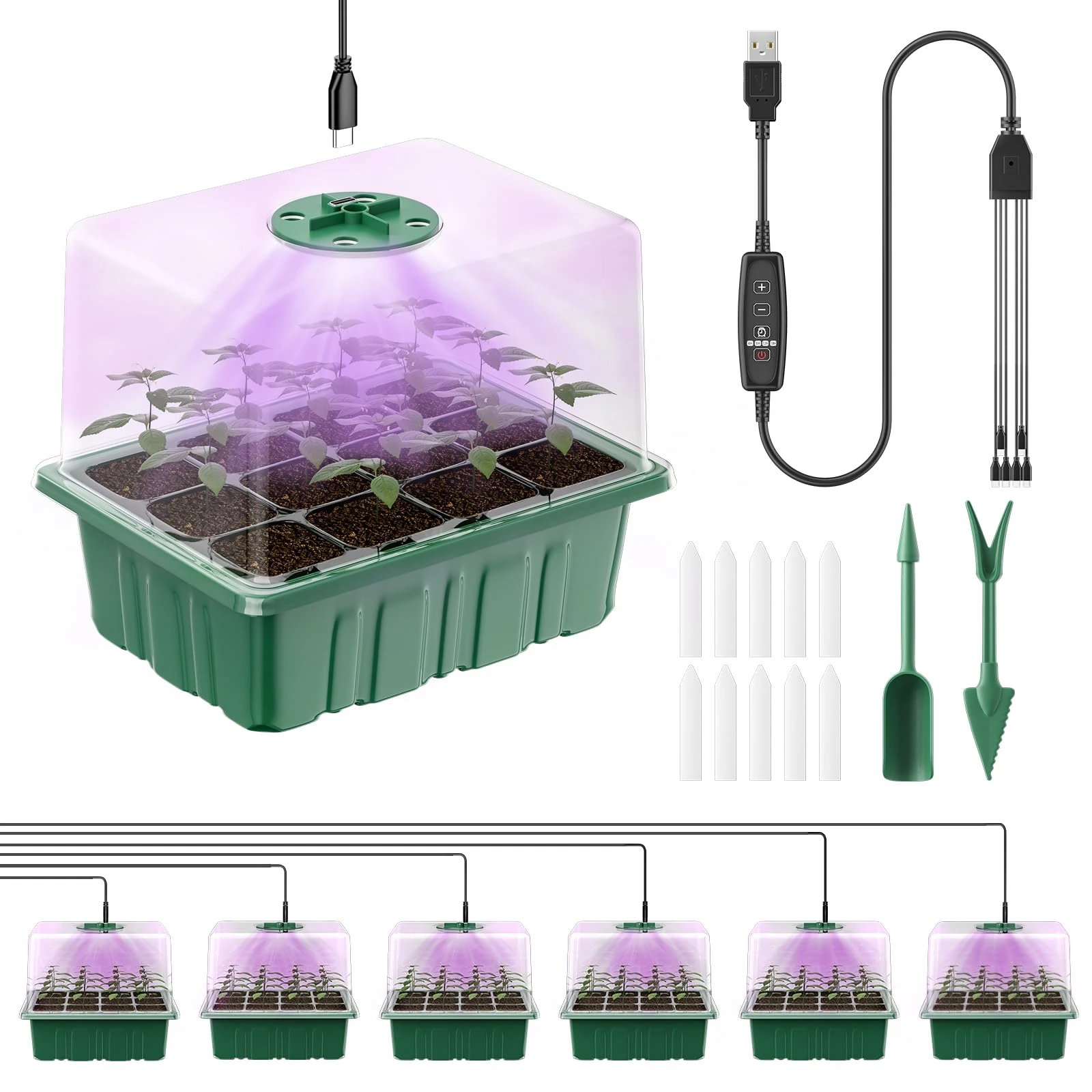 Pawfly 6 Pack Seed Starter Kit, 72 Cells, Seed Starter Trays with Adjustable Grow Lights & 10 cm Humidity Domes, Indoor Seedling Starter Sets, Reusable Plant Germination Cells, Seed Starting Trays