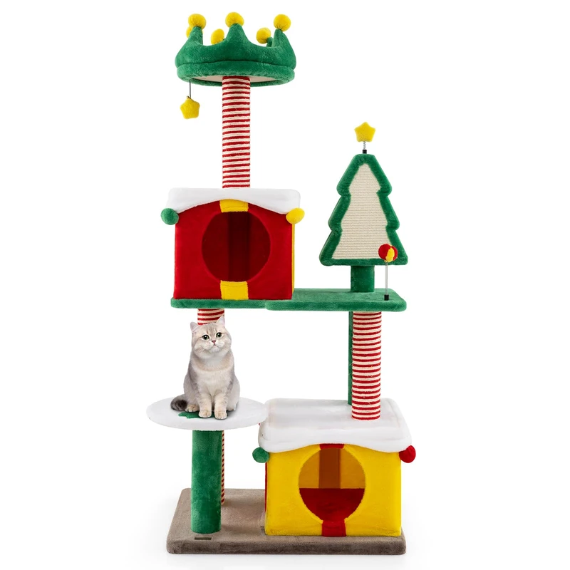 GYMAX 155cm Christmas Cat Tree, Large Cat Tower with Plush Perch, 2 Condos, Hanging Toy, Spring Toy, Sisal Scratching Posts & Carpet, Multi-level Kitty Activity Center for Indoor