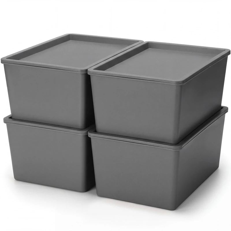 Menkxi 4 Pcs Storage Bins with Lids Plastic Stackable Containers for Classroom Room Organizing Shelves Christmas Ornament Box Baskets(Gray,Large)