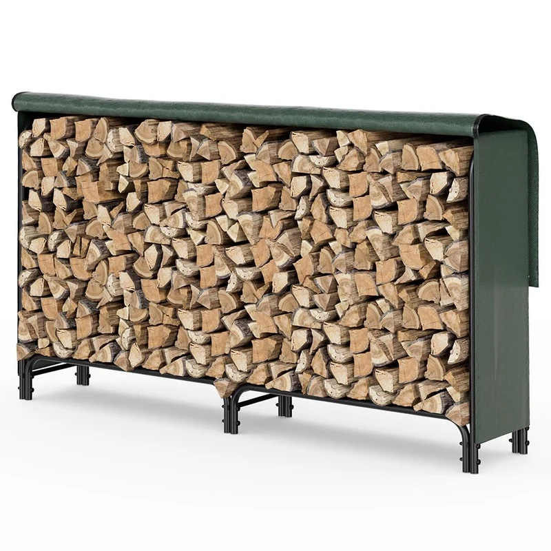 VOUNOT Firewood Log Rack with Waterproof Cover, Metal Log Store Outdoor, 200 x 115 x 40 cm, Green