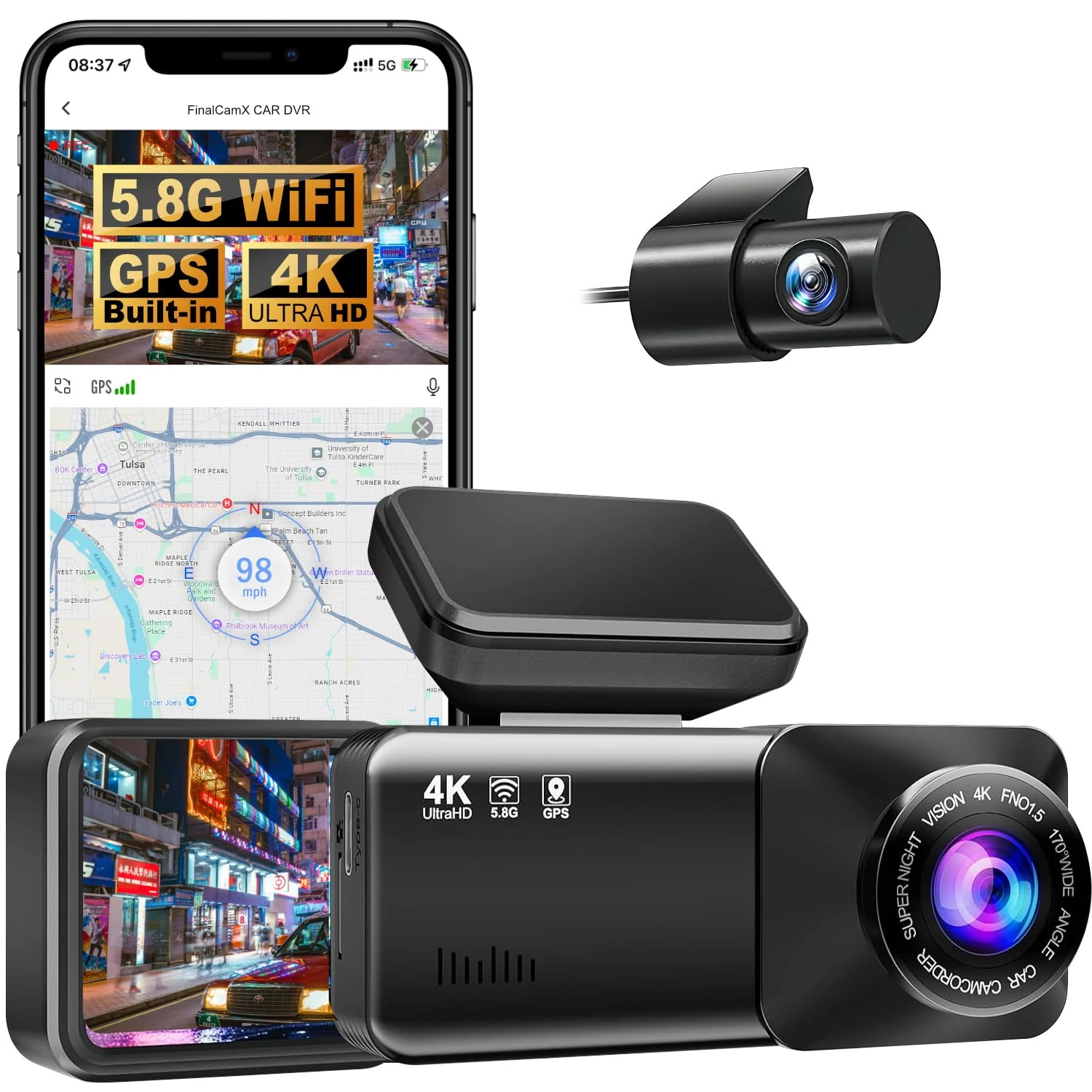 VegaDrive - 4K Full HD Smart Dash Cam 4K Front and Rear Dash Cam with WiFi, G-Sensor, 24Hr Parking Mode & 32GB SD Card