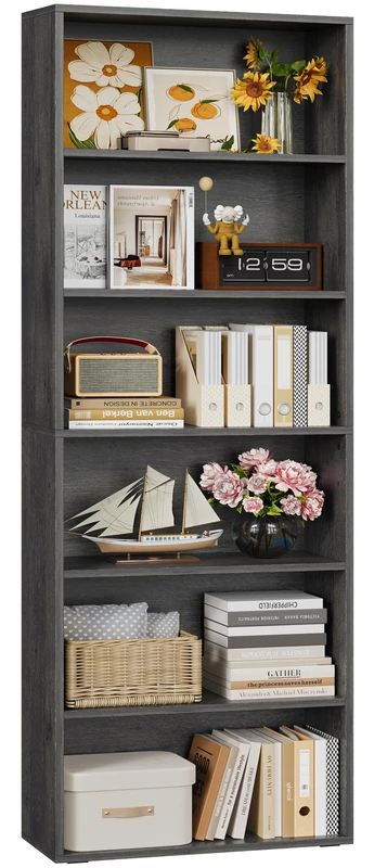 IRONCK Bookcase, 6 Tier Bookshelf, Open Storage Shelf, Tall Shelving Unit, Free Standing Display Shelf for Living Room, Home Office, Dinning Room, 60x23.5x180cm (Charcoal Grey)