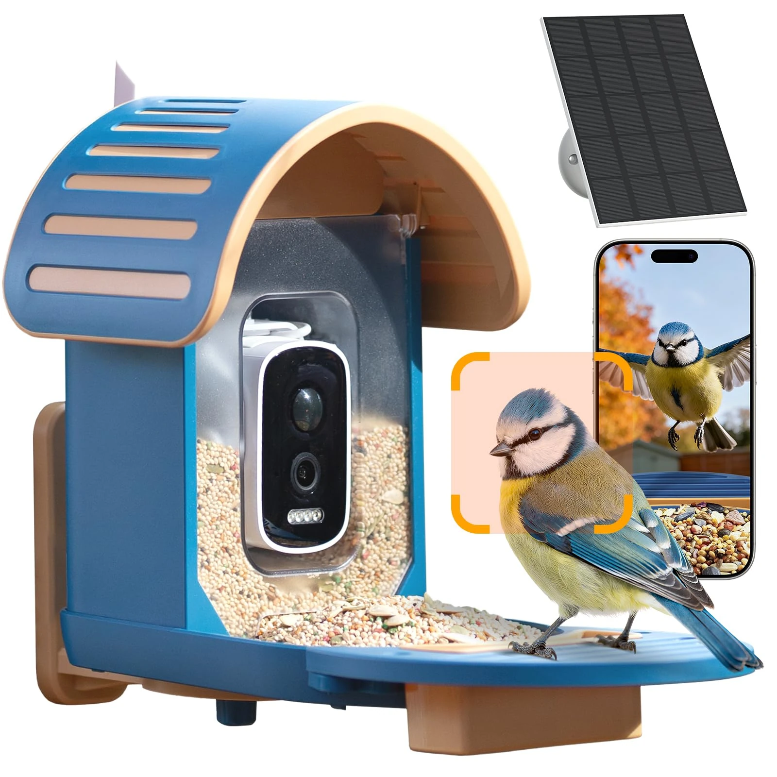 Smart Bird Feeder with Camera, 2.5K UHD Bird Feeder Camera Solar Powerd, Sensitive AI Identification, Instant Alerts Capture Video, IP66 Waterproof for Outdoor, Blue