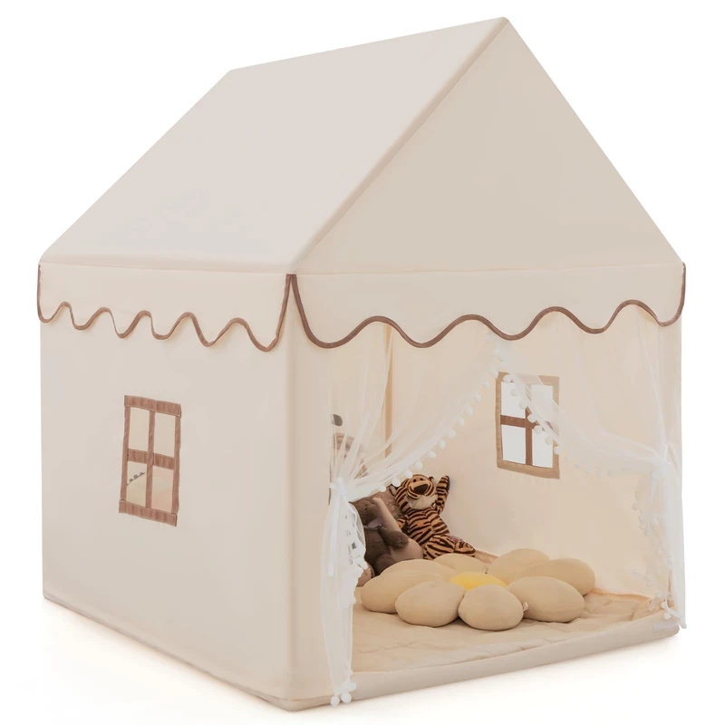 GYMAX Kids Tent, Castle Play House with Washable Cotton Mattress, Play Gaming Tent for Indoor Outdoor (Beige+Coffee)